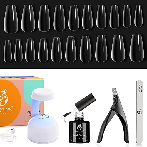 Beetles Easy Gel Tips Nail Extension Kit, 2 In 1 Nail Glue Base Coat with Pre-shaped Medium Coffin Holiday Nails and U V LED Nail Lamp Acrylic Nail Clipper for Gel Art DIY Fast Manicure Gift Kit