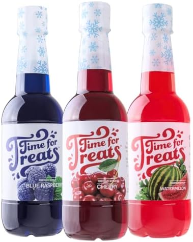 Time For Treats 3-Pack Cherry, Blue Raspberry, Watermelon Syrup 16.9 Fluid Ounce Per Bottle for Snow Cones, Homemade Sodas, Cocktails, Coffee, Baking and More