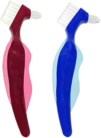 AIWAYING Premium Hard Denture Brush Toothbrush, Double Sided Brush for False Teeth Cleaning 2Pack (Blue,Red)