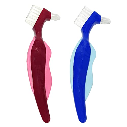 Aiwaying Premium Hard Denture Brush Toothbrush, Double Sided Brush For False Teeth Cleaning 2Pack (Blue,Red) #TOP12