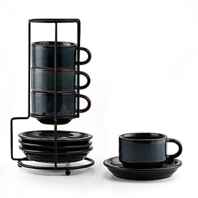 JIEMEI HOME Porcelain Stackable Espresso Cups with Saucers and Metal Stand, 4 Ounce Demitasse Cups for Specialty Coffee Drinks, Latte, Tea Set of 4, Stackable Espresso Mugs, Green & Blue