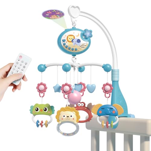Aolso Móvil Musical para Cuna de Bebé,Colgante Para Cochecito Con Campana,Mando a distancia Móvil de cuna con proyección & Función de tiempo,Bebé Móvil para Cuna,Sonajeros para animales, Estrella-Azul