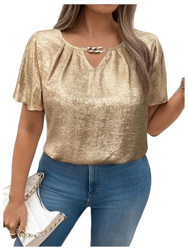 Floerns Women's Plus Size Flounce Short Sleeve Keyhole Neck Party Blouse Tops