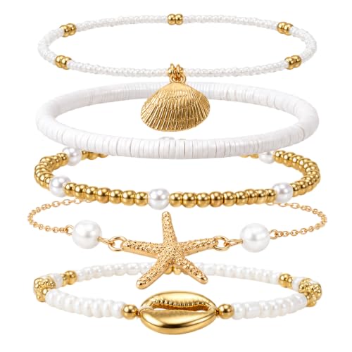 Image of Ouligay 5PCS Shell Ankle Bracelets for Women Boho Anklets for Women