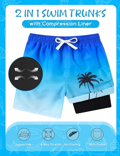 ZenGents Boys Swim Trunks with Compression Liner Size 12 14 16 Hawaiian Youth Teen Bathing Suit Boy's Kids Black Swimwear Swim Swiming Board Shorts Trunk — view 4