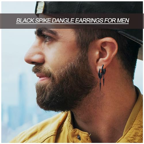 3 Pairs Dangle Hoop Earrings Set for Men, Surgical Steel Hanging Huggie Hoop Earrings with Spike/Feather/Cross Star Charms2