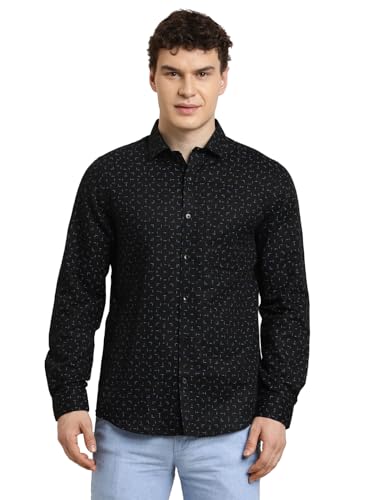 Chemise homme slim fit noire en coton lin imprimé haut de gamme Turtle