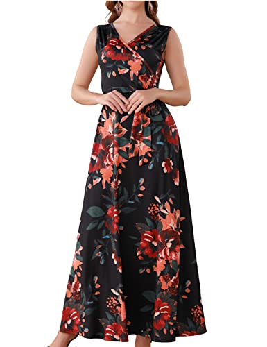 Aphratti Womens Sleeveless V Neck Faux Wrap Long Floral Casual Summer Maxi Dress