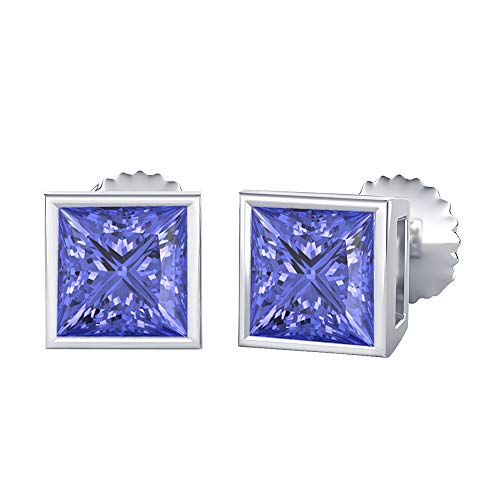 Bezel Set Princess Cut Created Gemstones (3MM) Solitaire Stud Earrings 14K White Gold Over .925 Sterling Silver