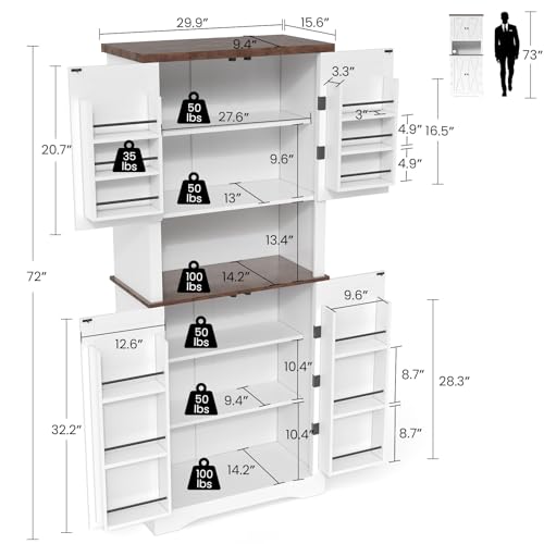 Apicizon 72" Kitchen Pantry Cabinet, Freestanding Kitchen Pantry Storage Cabinets with Barn Doors & Shelves, Utility Hutch Cabinet, Cupboard Organizer for Dining Room Living Room Bathroom