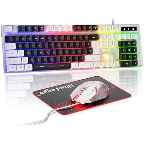 BlueFinger RGB Gaming Keyboard and Backlit Mouse Combo, USB Wired, LED Gaming Set for Laptop PC Computer Game and Work (White & Black)