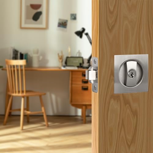 Aglehome Square Pocket Door Lock, Satin Nickel Pocket Door Hardware, Sliding Pocket Door Lock with Key, Flush Pocket Door Latch for Bed/Bath