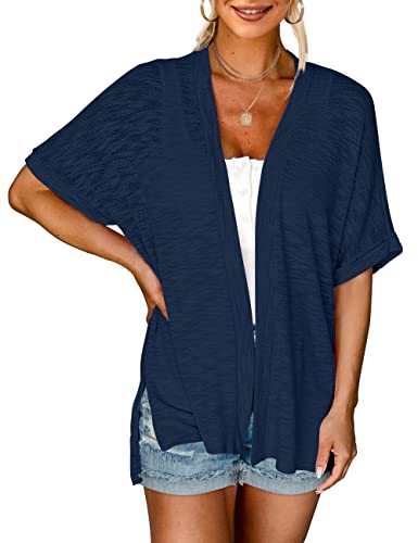 MEROKEETY Women's 2026 Summer Lightweight Kimono Cardigan Short Sleeve Open Front Casual Loose Trendy Beach Cover Ups, Navy, M
