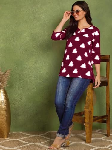 Image of Pinkmint Women's Printed Cotton Blend Short Kurti with 3 /4th Sleeve & Notch Neck l Casual & Office Wear Tunic Shirt Kurti