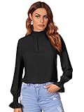 SheIn Damen Blusen Stehkragen Chiffonbluse Oberteil OL Business Hemdbluse Langarm Pullover mit Volant Ärmel Schwarz L