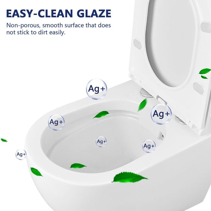 Close-up image of the toilet bowl interior highlighting the easy-clean glaze with 'Ag+' symbols and green leaves, indicating a non-porous, smooth surface that resists dirt.