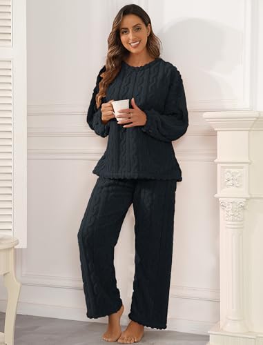 Pajamas for Women Sets Soft Comfy Fluffy Pajama Fleece Pullover Ribbed Pjs Warm Plush Lounge Sleepwear 2 Piece2