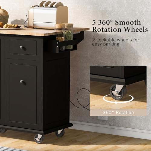 Eailaveo Modern 53.9\" Kitchen Island Cart with Drop Leaf and Rolling Wheels, Internal Storage Rack and 3 Tier Pull Out Cabinet Organizer,for Home Kitchen Dining Room (Black@Rack)