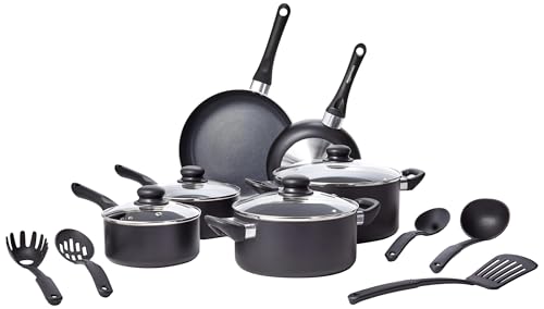 Amazon Basics Töpfe-Set, Keramik-Antihaft-Kochgeschirr, 15-teiliges Set, Töpfe, Pfannen und Utensilien, Schwarz