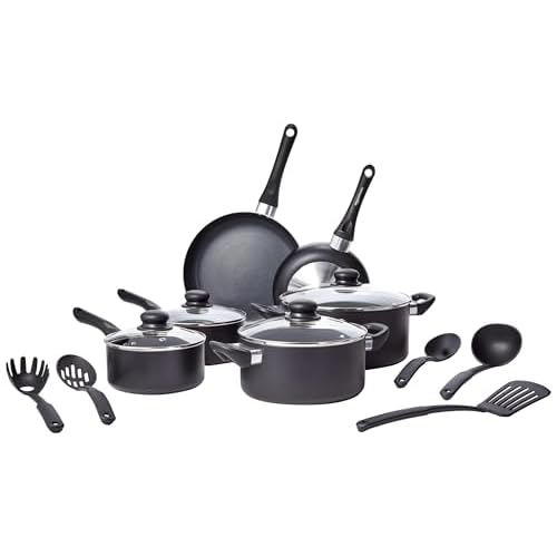 Amazon Basics Töpfe-Set, Keramik-Antihaft-Kochgeschirr, 15-teiliges Set, Töpfe, Pfannen und Utensilien, Schwarz