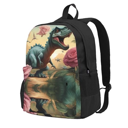 Dinosaurs Roses Large Capacity Travel Backpack - Polyester Backpack,Multi-Functional Storage Bag