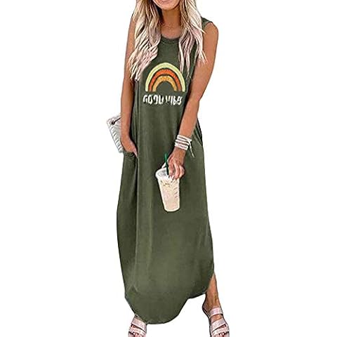 oytto Women Hippie Soul Letters Printed Maxi Dresses Side Split with Pockets Sundress Sleeveless Casual Loose T Shirt Dress Long Dress for Summer (A Green,XS,XS) Cover