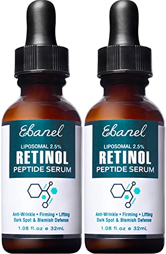 Ebanel 2.5% Retinol Serum for Face with Hyaluronic Acid, Peptide, Vitamin C, Pore Minimizer Skin Tightening Anti Aging Serum Minimizes Wrinkles, Fine Lines, Dark Spots, Age Spots, Acne Scars, 2-Pack