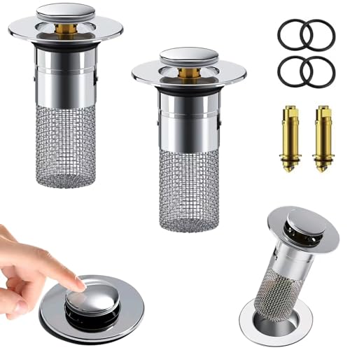 Lot de 2 bouchons de lavabo 2 en 1 avec tamis d'évier - Bouchon de vidange pop-up en laiton - Universel de rechange pour salle de bain et cuisine (34 à 40 mm)