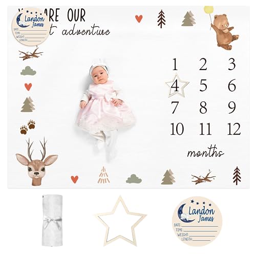 Personalized Baby Milestone Blanket for Boys Girls Baby Month Blanket- First Year Calendar Monthly Growth Chart - Deer Print Halloween Birthday Gifts for Infant Todder(FixedSize)