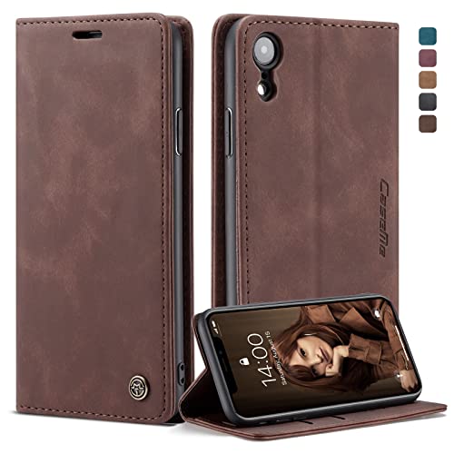 owlhold Handyhülle für iPhone XR Hülle Premium Lederhülle Weiches Vintage-Nubukleder Faltbare Ständer Klapphülle Kartenfach Standfunktion stoßfest Schutzhülle für iPhone XR -Kaffee