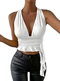 SOLY HUX Women's Sexy Deep V-Neck Halter Crop Top Summer Beach Vacation Clothes Y2K Trendy Tank Top for Going Out Party Plain White Medium
