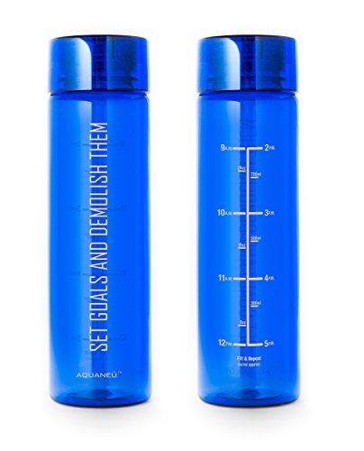 AQUANEÜ 32 oz Inspirational Fitness Workout Sports Water Bottle with Time Marker | Measurements | Goal Marked Times for Measuring Your H2O Intake, BPA Free Non-Toxic Tritan (Goals Blue blk)