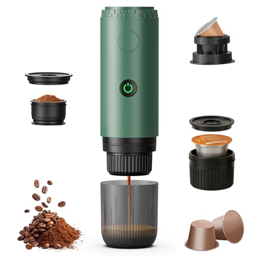 Bostar Cafetera Espresso Portátil 3 en 1, Eléctrica Portátil Calentamiento Rápido Cafetera Compatible con Cápsulas y Café Molido para Camping Coche Viajes y Oficina (Verde)