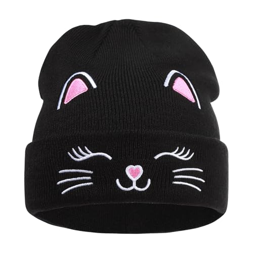 LUCKYBUNNY Warme Strickmütze für Kinder und Mädchen, mit Katzenstickerei, für Kinder von 7–12 Jahren, Schwarz, Einheitsgröße