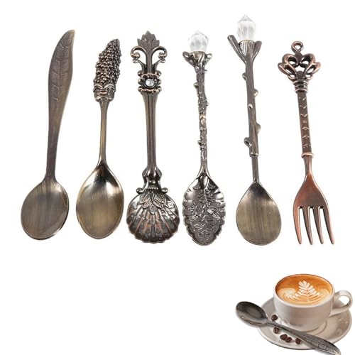 Kit de Couverts Vintage, Lot de 6 Cuillères à Espresso Rétro Cuillère à Dessert Café Cuillère à Thé Cuillère Glace Cuillère pour Dessert Au Café Cappuccino Sucre et Crème Glacée(Laiton Antique)