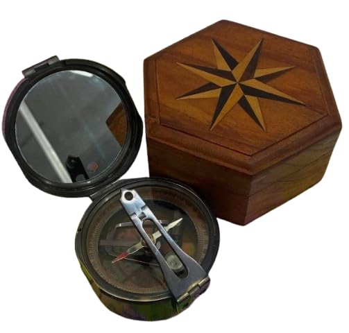 Brújula de reloj de sol antigua de latón con caja prismática de madera – Instrumento de navegación vintage y regalo coleccionable miniatura 1