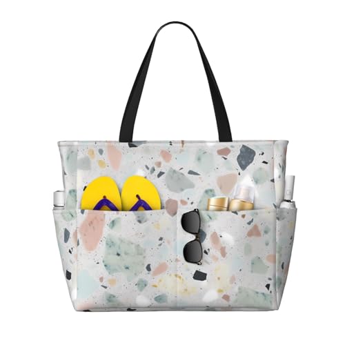 Beach Bags For Women Large Waterproof Sandproof Beach Tote Bag Lightweight Zipper Carry On Bag Terrazzo Marble Pastel Pool Bag For Gym Travel Vocation