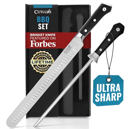 Cutluxe BBQ Knife Carving Set – 12' Brisket Knife & 10' Honing Rod, Butcher Knife Set for Meat Cutting – Ultra Sharp German Steel, Ergonomic Pakkawood Handles – Artisan Series