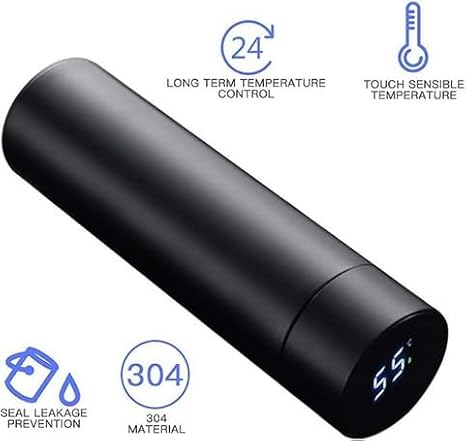 Smart stainless steel water bottle, 500ML at the best price, led temperature reader, double wall, modern, sandy, excellent steel quality (BLACK)