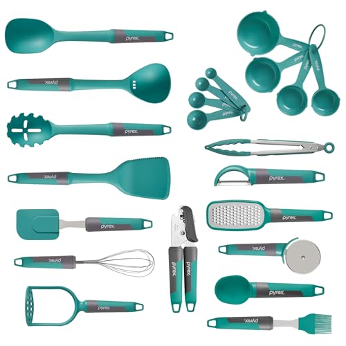 Pyrex 22-Piece Kitchen Cooking Utensils Set, Non-Stick Cooking Gadgets, Spatulas, Pizza Wheel, Grater, Measuring, and More by Pyrex - Used condition - US$42.68