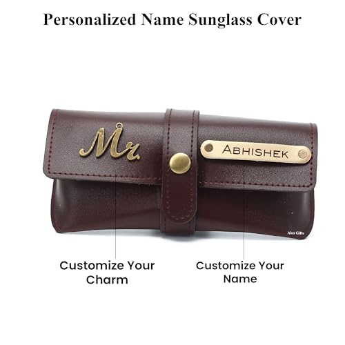 Image of AICA Personalised Name & Charm Leather Sunglass Case Cover for Men & Women | Hard Case Eyewear Cover