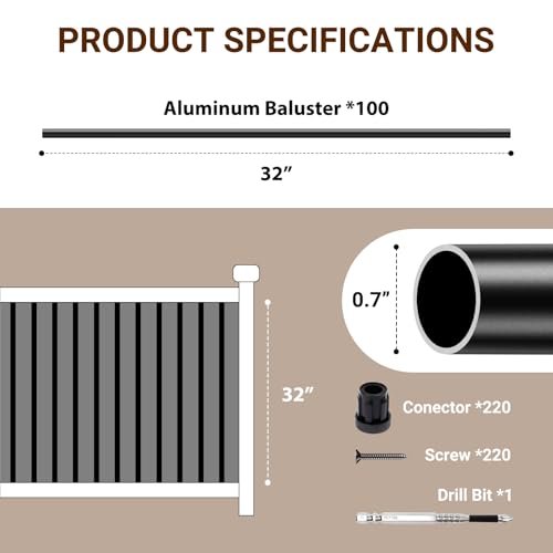 Heneymo 100 Pack Aluminum Deck Balusters, 32" x 3/4" Hollow Round Balusters for Deck Railing with Connectors/Screws, Black Metal Deck Spindles for Fencing Porch Stair Railing by Heneymo - Image 2