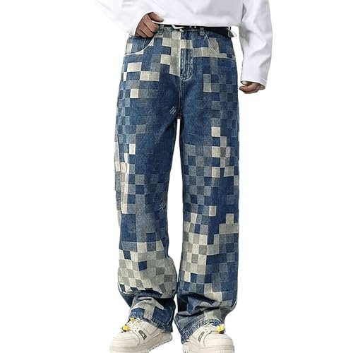 Plus Size Baggy Jeans Men Relaxed Fit Wide Leg Straight Pants,Mosaic Plaid Print Y2K Hip Hop Street Trousers
