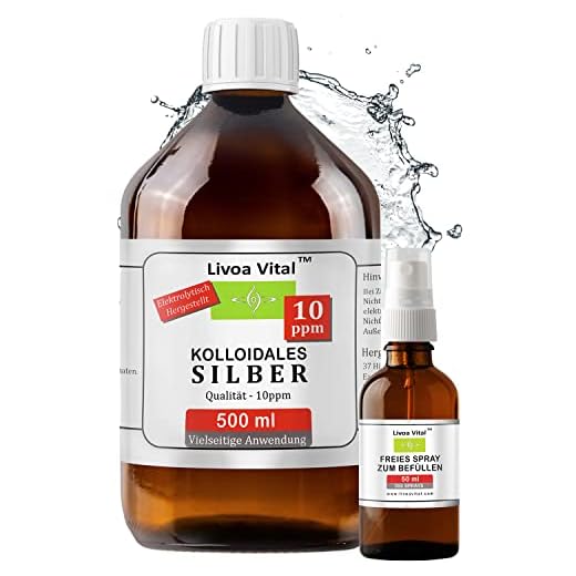 Kolloidales Silber 10ppm/500ml - Mit Gratis Spray Sprühflasche - Beste Qualität Durch Spezielles Verfahren - Höchstmögliche Reinheitsstufe von 99,99% - Antibiotische Wirkung, Stärkung des Immunsystems