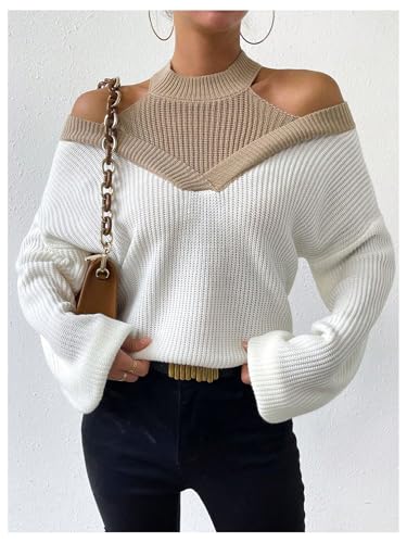 Milumia Women's Fall Color Block Off The Shoulder Crew Neck Long Sleeve Knitted Pullover Sweater3