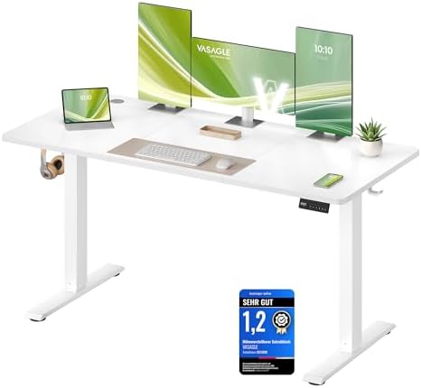 VASAGLE Schreibtisch Höhenverstellbar, Memory-Funktion mit 4 Höhen | 140 x 60 cm, Schreibtisch, Computertisch, Erinnerung bei langem Sitzen, für Büro, wolkenweiß LSD314WZ03