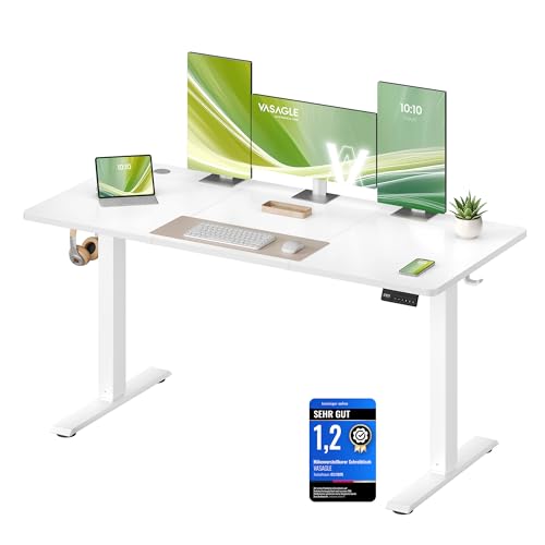 VASAGLE Höhenverstellbarer Schreibtisch, Stehtisch, Computertisch, Erinnerung bei langem Sitzen, Memory-Funktion mit 4 Höhen, für Büro, 140 x 60 cm, wolkenweiß LSD314WZ03