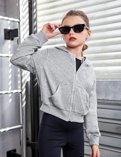 Arshiner Girls Zip Up Hoodies Cropped Full-Zip Hoodie Kids Casual Sweatshirt Spring Fall Jackets Light Grey Size 14-16 — view 4