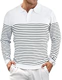Actflare Knit Sweaters for Men Long Sleeve Polo Shirts Striped Casual Shirt White M