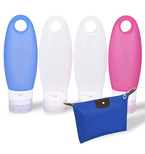 Fullplus Silicone Travel Bottle Set 3.3 Oz 4 Pack TSA Approved Carry On Shampoo Conditioner Bottle Leak Proof Design BPA Free with Cosmetics Bag